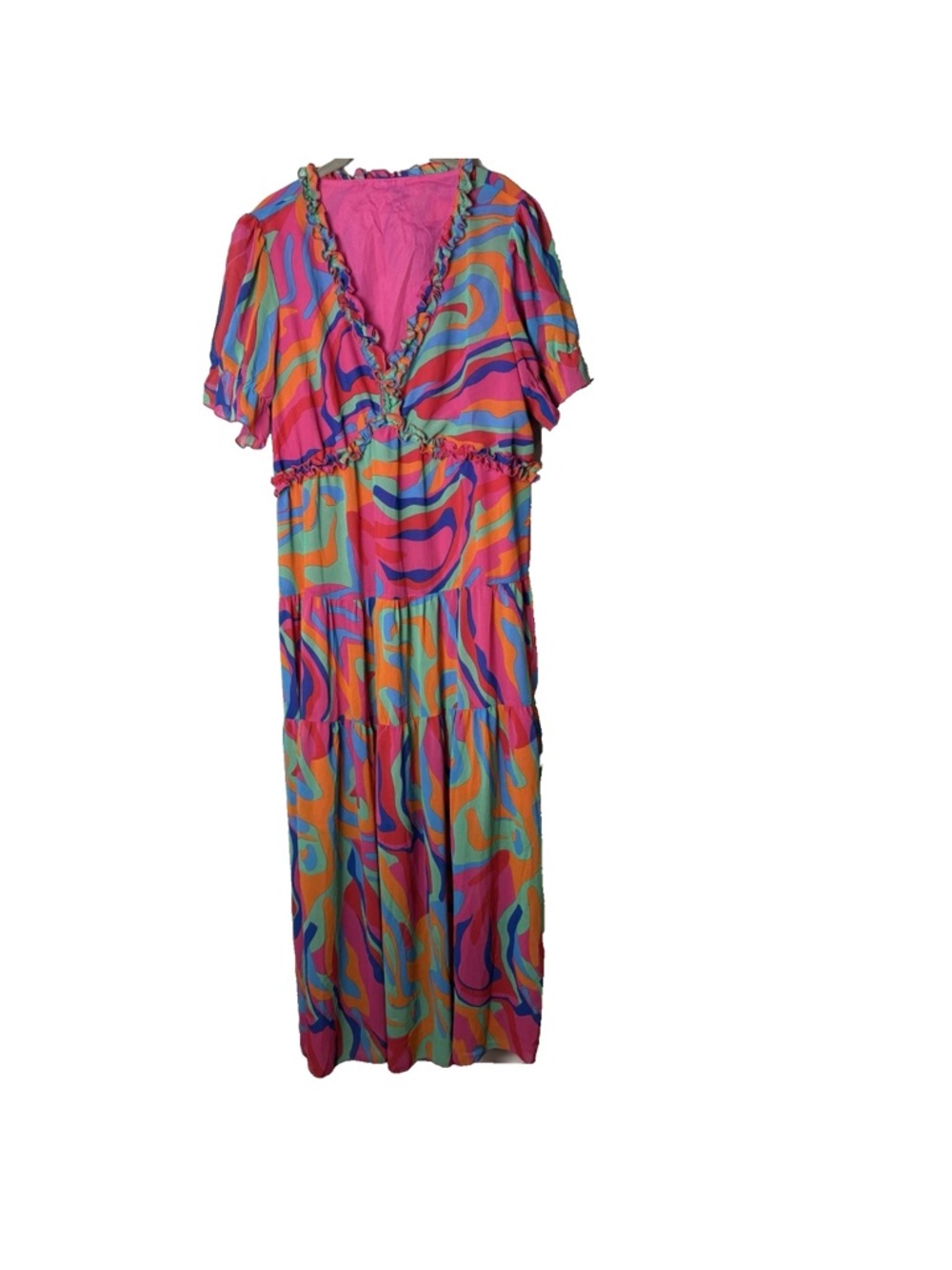 NWOT Maxi Dress Sz Large Casual Boho Printed V Neck Long Evening Colorful Ruffle